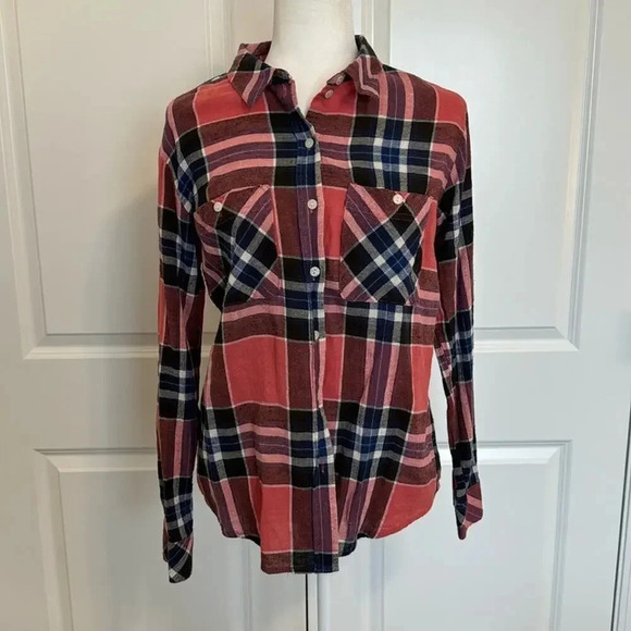 Sanctuary Womens Tomboy Button Down Shirt Size M Pink Blue Plaid Tabbed Sleeves - Picture 1 of 4